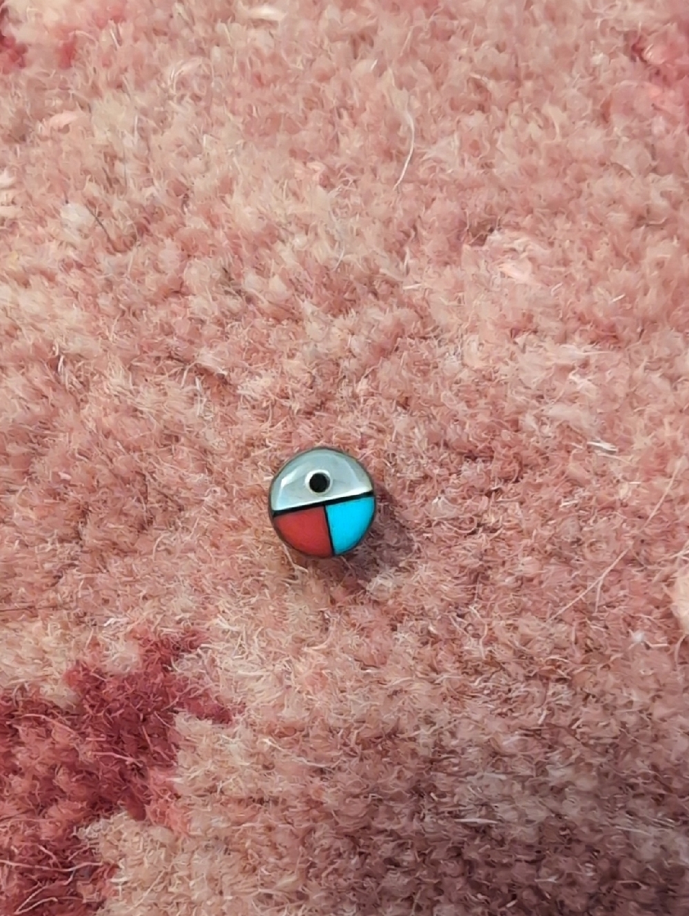 Round Single Stud Earring Inlaid With Coral, Turquoise and Silver